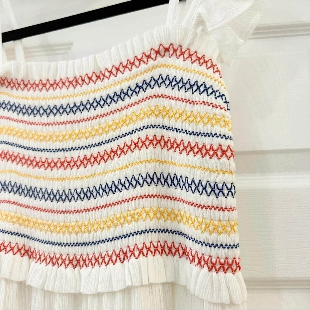 NWT Tory Burch Smocked Rainbow White Maxi Dress sz XS